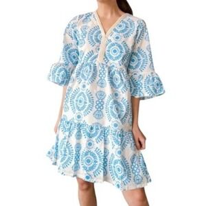 SAIPH Santorini Mini Dress Crochet Cotton Bell Sleeves Blue White Size L Italy